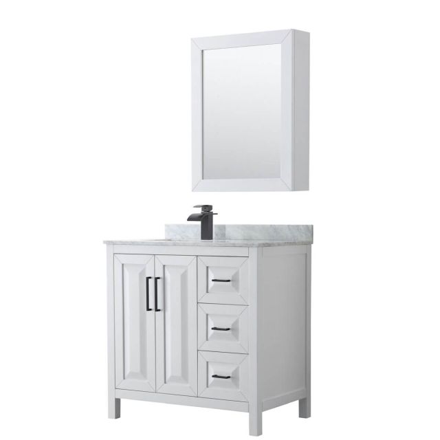 Wyndham Collection Daria 36 inch Single Bathroom Vanity in White with White Carrara Marble Countertop, Undermount Square Sink, Matte Black Trim and Medicine Cabinet WCV252536SWBCMUNSMED