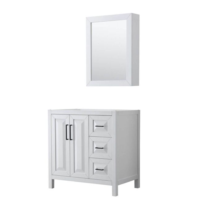 Wyndham Collection Daria 36 inch Single Bathroom Vanity in White with Matte Black Trim, Medicine Cabinet, No Countertop and No Sink WCV252536SWBCXSXXMED