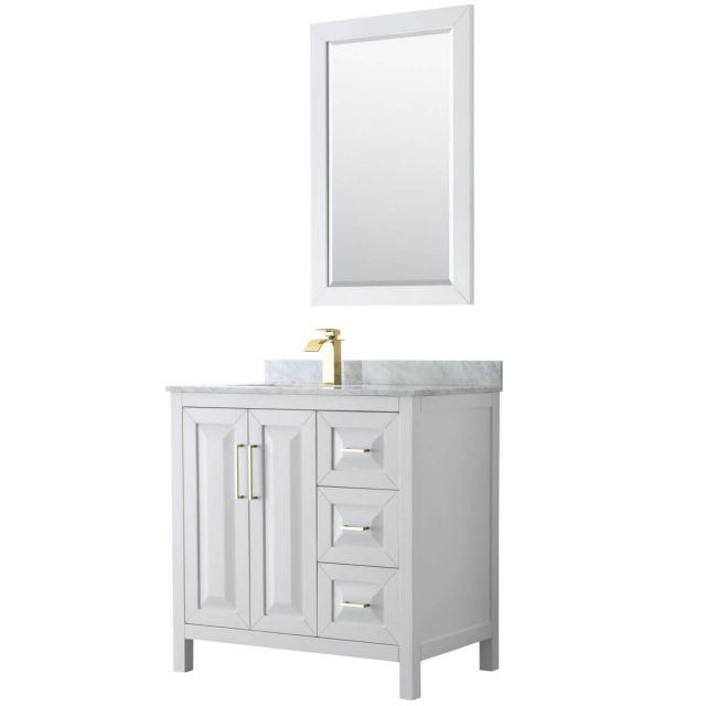 Wyndham Collection Daria 36 inch Single Bathroom Vanity in White with White Carrara Marble Countertop, Undermount Square Sink, 24 inch Mirror and Brushed Gold Trim - WCV252536SWGCMUNSM24