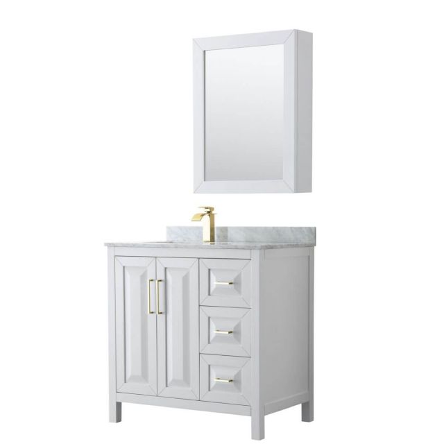 Wyndham Collection Daria 36 inch Single Bathroom Vanity in White with White Carrara Marble Countertop, Undermount Square Sink, Medicine Cabinet and Brushed Gold Trim - WCV252536SWGCMUNSMED