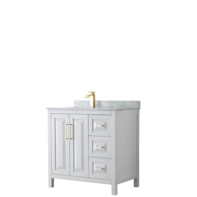 Wyndham Collection Daria 36 inch Single Bathroom Vanity in White with White Carrara Marble Countertop, Undermount Square Sink and Brushed Gold Trim - WCV252536SWGCMUNSMXX