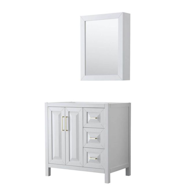 Wyndham Collection Daria 36 inch Single Bathroom Vanity in White with Medicine Cabinet, Brushed Gold Trim, No Countertop and No Sink - WCV252536SWGCXSXXMED