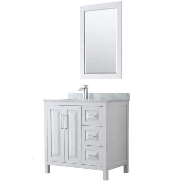 Wyndham Collection Daria 36 inch Single Bath Vanity in White, White Carrara Marble Countertop, Undermount Square Sink, and 24 inch Mirror - WCV252536SWHCMUNSM24