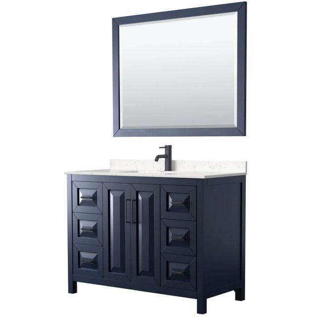 Wyndham Collection Daria 48 inch Single Bathroom Vanity in Dark Blue with Light-Vein Carrara Cultured Marble Countertop, Undermount Square Sink, Matte Black Trim and 46 Inch Mirror WCV252548SBBC2UNSM46