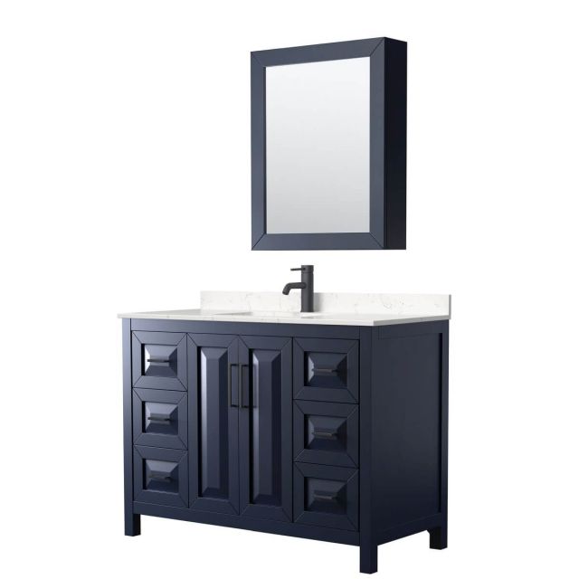 Wyndham Collection Daria 48 inch Single Bathroom Vanity in Dark Blue with Light-Vein Carrara Cultured Marble Countertop, Undermount Square Sink, Matte Black Trim and Medicine Cabinet WCV252548SBBC2UNSMED