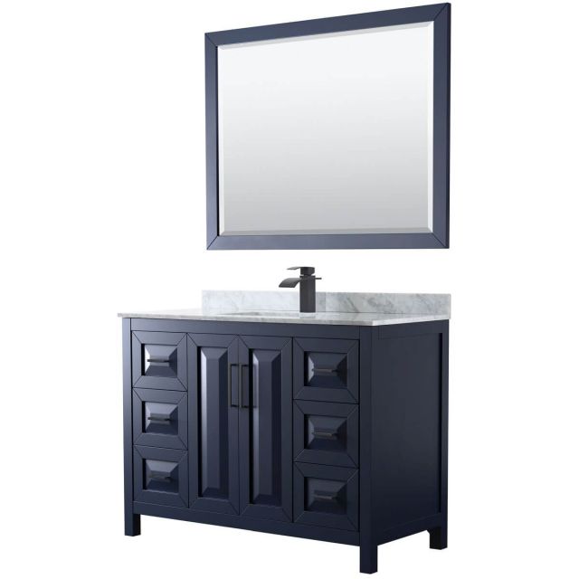 Wyndham Collection Daria 48 inch Single Bathroom Vanity in Dark Blue with White Carrara Marble Countertop, Undermount Square Sink, Matte Black Trim and 46 Inch Mirror WCV252548SBBCMUNSM46