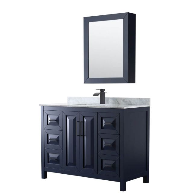 Wyndham Collection Daria 48 inch Single Bathroom Vanity in Dark Blue with White Carrara Marble Countertop, Undermount Square Sink, Matte Black Trim and Medicine Cabinet WCV252548SBBCMUNSMED