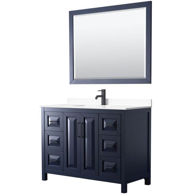 Wyndham Collection Daria 48 inch Single Bathroom Vanity in Dark Blue with White Cultured Marble Countertop, Undermount Square Sink, Matte Black Trim and 46 Inch Mirror WCV252548SBBWCUNSM46