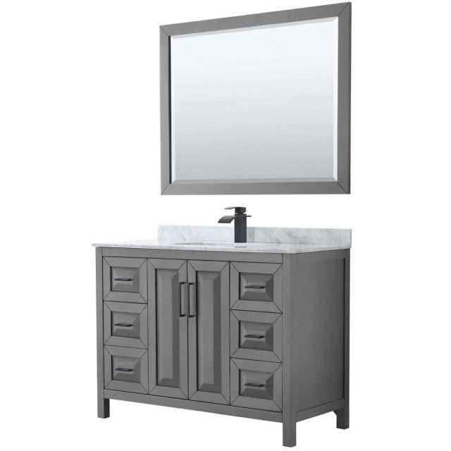 Wyndham Collection Daria 48 inch Single Bathroom Vanity in Dark Gray with White Carrara Marble Countertop, Undermount Square Sink, Matte Black Trim and 46 Inch Mirror WCV252548SGBCMUNSM46