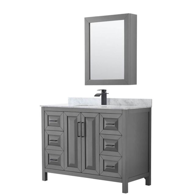 Wyndham Collection Daria 48 inch Single Bathroom Vanity in Dark Gray with White Carrara Marble Countertop, Undermount Square Sink, Matte Black Trim and Medicine Cabinet WCV252548SGBCMUNSMED