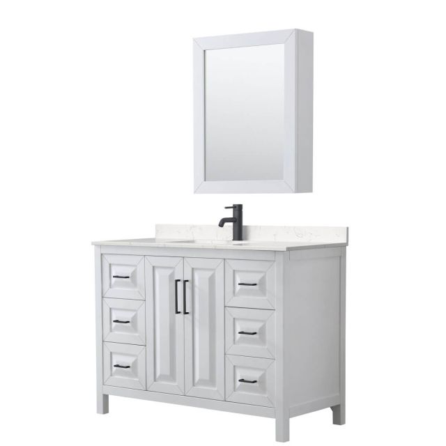 Wyndham Collection Daria 48 inch Single Bathroom Vanity in White with Light-Vein Carrara Cultured Marble Countertop, Undermount Square Sink, Matte Black Trim and Medicine Cabinet WCV252548SWBC2UNSMED