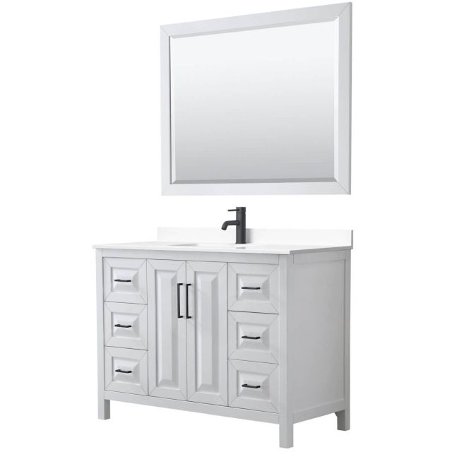 Wyndham Collection Daria 48 inch Single Bathroom Vanity in White with White Cultured Marble Countertop, Undermount Square Sink, Matte Black Trim and 46 Inch Mirror WCV252548SWBWCUNSM46