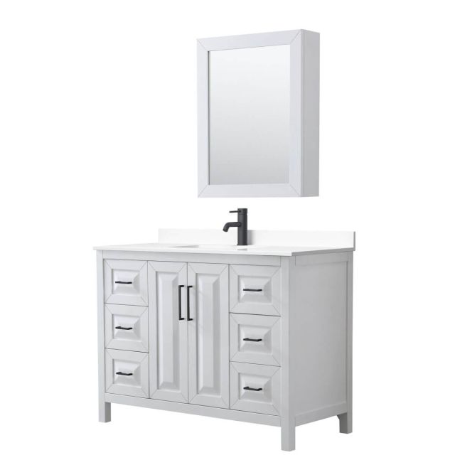 Wyndham Collection Daria 48 inch Single Bathroom Vanity in White with White Cultured Marble Countertop, Undermount Square Sink, Matte Black Trim and Medicine Cabinet WCV252548SWBWCUNSMED