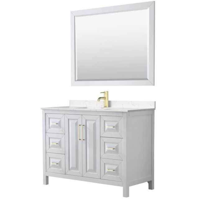 Wyndham Collection Daria 48 inch Single Bathroom Vanity in White with Light-Vein Carrara Cultured Marble Countertop, Undermount Square Sink, 46 inch Mirror and Brushed Gold Trim - WCV252548SWGC2UNSM46