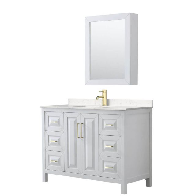 Wyndham Collection Daria 48 inch Single Bathroom Vanity in White with Light-Vein Carrara Cultured Marble Countertop, Undermount Square Sink, Medicine Cabinet and Brushed Gold Trim - WCV252548SWGC2UNSMED