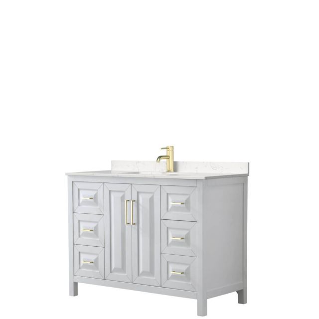Wyndham Collection Daria 48 inch Single Bathroom Vanity in White with Light-Vein Carrara Cultured Marble Countertop, Undermount Square Sink and Brushed Gold Trim - WCV252548SWGC2UNSMXX