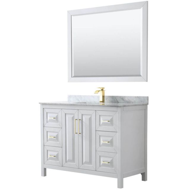 Wyndham Collection Daria 48 inch Single Bathroom Vanity in White with White Carrara Marble Countertop, Undermount Square Sink, 46 inch Mirror and Brushed Gold Trim - WCV252548SWGCMUNSM46