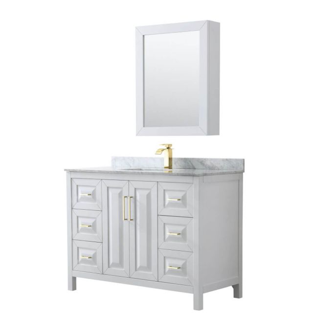 Wyndham Collection Daria 48 inch Single Bathroom Vanity in White with White Carrara Marble Countertop, Undermount Square Sink, Medicine Cabinet and Brushed Gold Trim - WCV252548SWGCMUNSMED