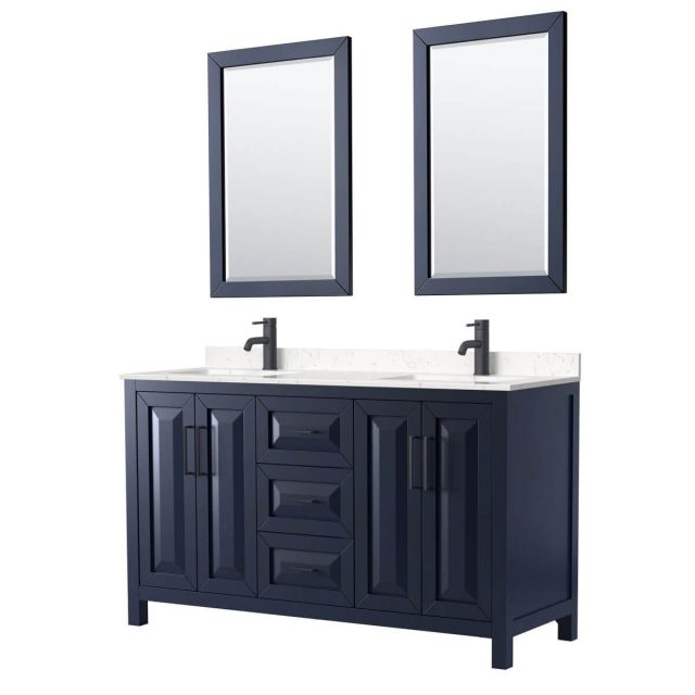 Wyndham Collection Daria 60 inch Double Bathroom Vanity in Dark Blue with Light-Vein Carrara Cultured Marble Countertop, Undermount Square Sinks, Matte Black Trim and 24 Inch Mirrors WCV252560DBBC2UNSM24