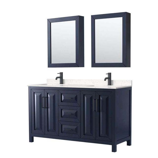 Wyndham Collection Daria 60 inch Double Bathroom Vanity in Dark Blue with Light-Vein Carrara Cultured Marble Countertop, Undermount Square Sinks, Matte Black Trim and Medicine Cabinets WCV252560DBBC2UNSMED