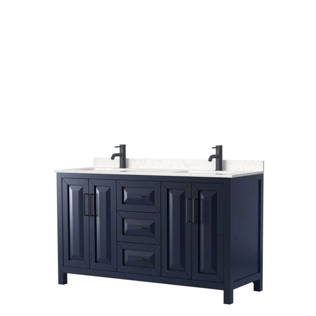Wyndham Collection Daria 60 inch Double Bathroom Vanity in Dark Blue with Light-Vein Carrara Cultured Marble Countertop, Undermount Square Sinks and Matte Black Trim WCV252560DBBC2UNSMXX