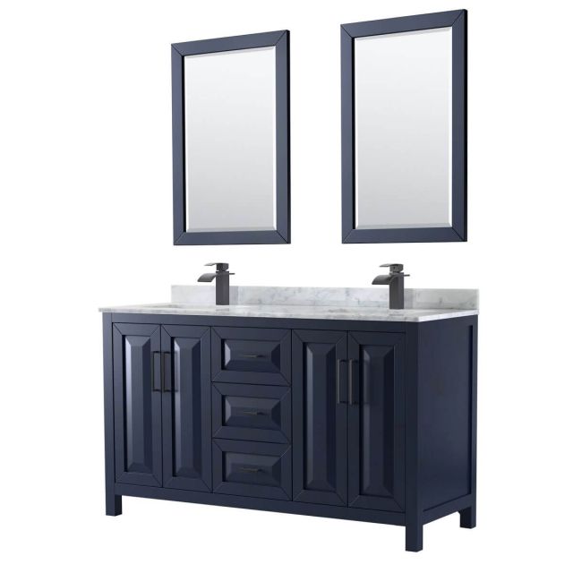 Wyndham Collection Daria 60 inch Double Bathroom Vanity in Dark Blue with White Carrara Marble Countertop, Undermount Square Sinks, Matte Black Trim and 24 Inch Mirrors WCV252560DBBCMUNSM24
