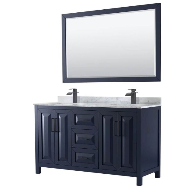 Wyndham Collection Daria 60 inch Double Bathroom Vanity in Dark Blue with White Carrara Marble Countertop, Undermount Square Sinks, Matte Black Trim and 58 Inch Mirror WCV252560DBBCMUNSM58