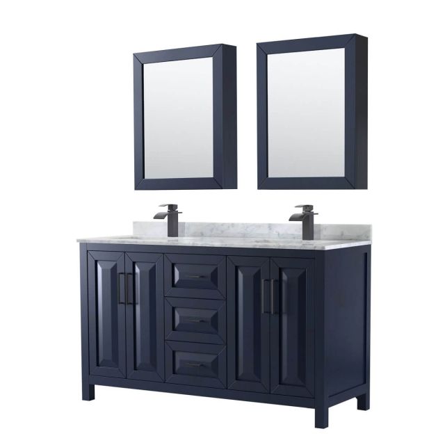 Wyndham Collection Daria 60 inch Double Bathroom Vanity in Dark Blue with White Carrara Marble Countertop, Undermount Square Sinks, Matte Black Trim and Medicine Cabinets WCV252560DBBCMUNSMED