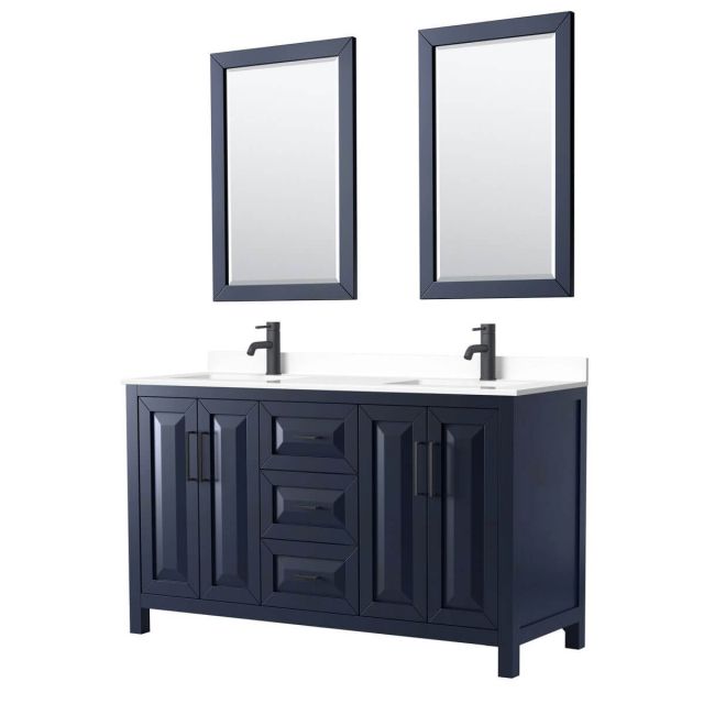 Wyndham Collection Daria 60 inch Double Bathroom Vanity in Dark Blue with White Cultured Marble Countertop, Undermount Square Sinks, Matte Black Trim and 24 Inch Mirrors WCV252560DBBWCUNSM24