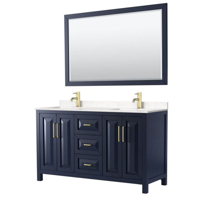 Wyndham Collection Daria 60 inch Double Bathroom Vanity in Dark Blue with Light-Vein Carrara Cultured Marble Countertop, Undermount Square Sinks and 58 inch Mirror - WCV252560DBLC2UNSM58