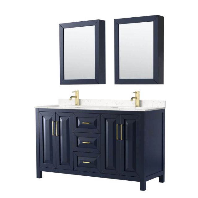 Wyndham Collection Daria 60 inch Double Bathroom Vanity in Dark Blue with Light-Vein Carrara Cultured Marble Countertop, Undermount Square Sinks and Medicine Cabinets - WCV252560DBLC2UNSMED