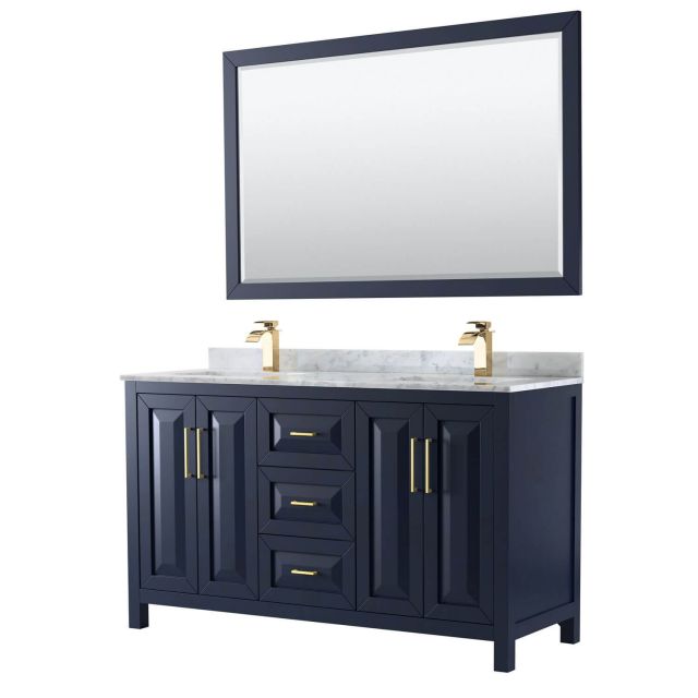 Wyndham Collection Daria 60 Inch Double Bath Vanity in Dark Blue with White Carrara Marble Countertop, Undermount Square Sinks and 58 Inch Mirror - WCV252560DBLCMUNSM58