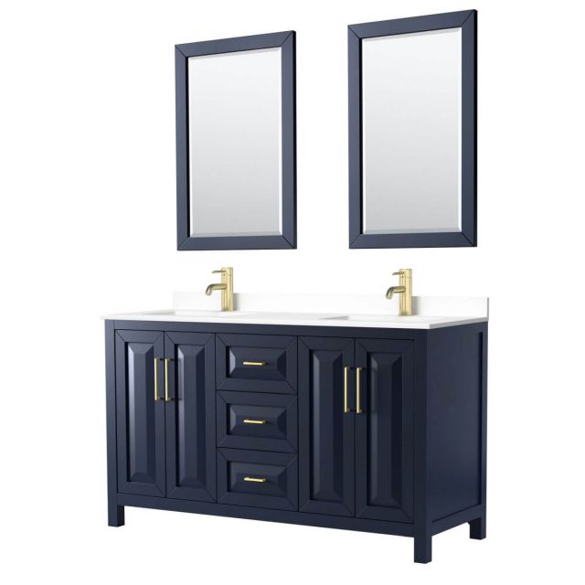Wyndham Collection Daria 60 inch Double Bathroom Vanity in Dark Blue with White Cultured Marble Countertop, Undermount Square Sinks and 24 inch Mirrors - WCV252560DBLWCUNSM24