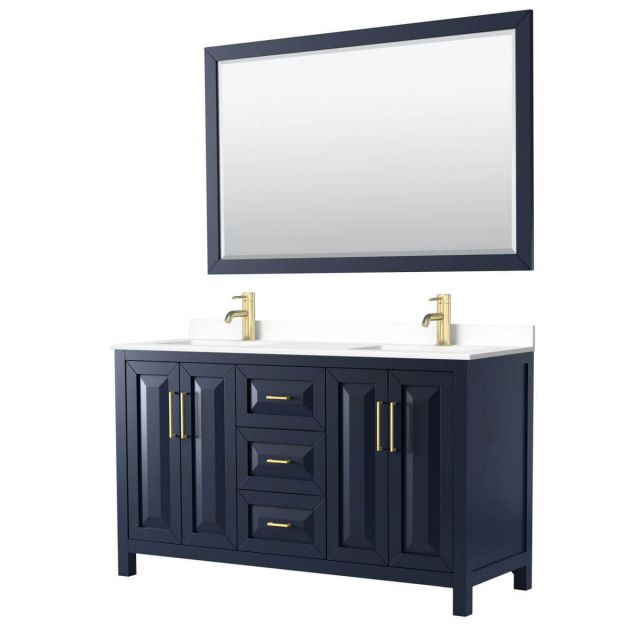 Wyndham Collection Daria 60 inch Double Bathroom Vanity in Dark Blue with White Cultured Marble Countertop, Undermount Square Sinks and 58 inch Mirror - WCV252560DBLWCUNSM58