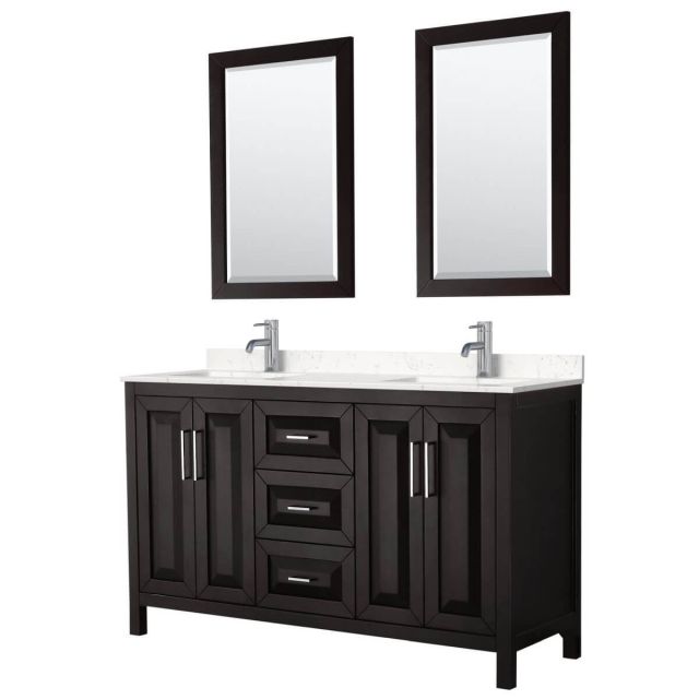 Wyndham Collection Daria 60 inch Double Bathroom Vanity in Dark Espresso with Light-Vein Carrara Cultured Marble Countertop, Undermount Square Sinks and 24 inch Mirrors - WCV252560DDEC2UNSM24