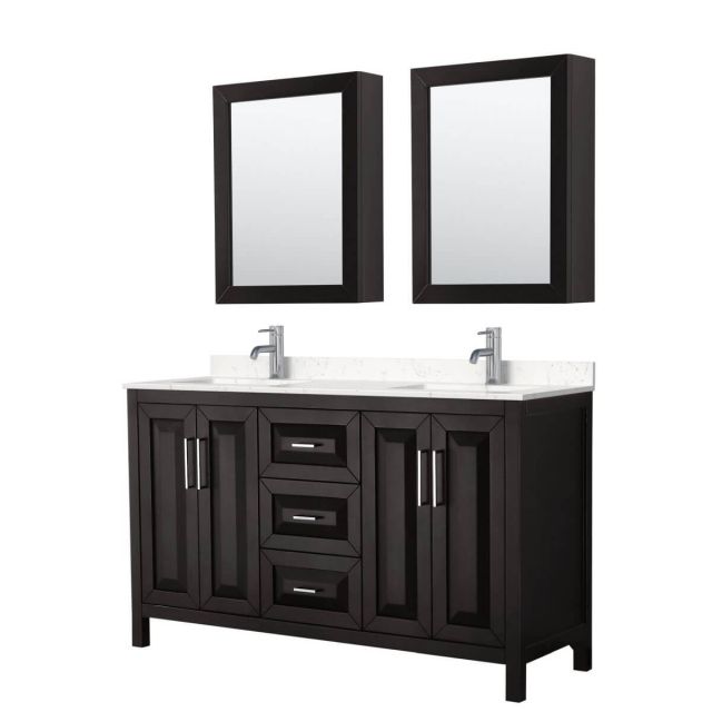 Wyndham Collection Daria 60 inch Double Bathroom Vanity in Dark Espresso with Light-Vein Carrara Cultured Marble Countertop, Undermount Square Sinks and Medicine Cabinets - WCV252560DDEC2UNSMED