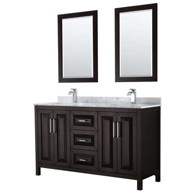Wyndham Collection Daria 60 inch Double Bath Vanity in Dark Espresso, White Carrara Marble Countertop, Undermount Square Sinks, and 24 inch Mirrors - WCV252560DDECMUNSM24