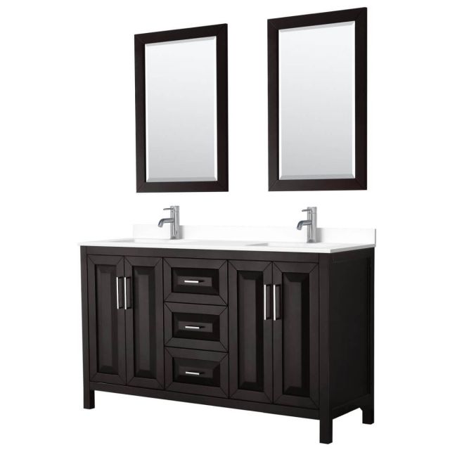 Wyndham Collection Daria 60 inch Double Bathroom Vanity in Dark Espresso with White Cultured Marble Countertop, Undermount Square Sinks and 24 inch Mirrors - WCV252560DDEWCUNSM24