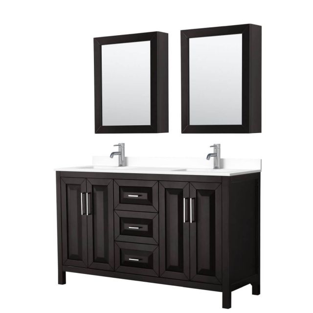 Wyndham Collection Daria 60 inch Double Bathroom Vanity in Dark Espresso with White Cultured Marble Countertop, Undermount Square Sinks and Medicine Cabinets - WCV252560DDEWCUNSMED
