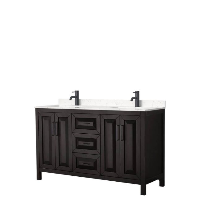 Wyndham Collection Daria 60 inch Double Bathroom Vanity in Dark Espresso with Light-Vein Carrara Cultured Marble Countertop, Undermount Square Sinks and Matte Black Trim WCV252560DEBC2UNSMXX