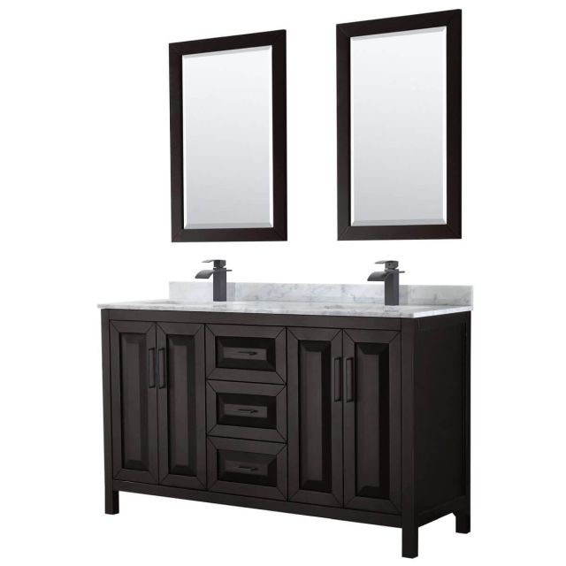 Wyndham Collection Daria 60 inch Double Bathroom Vanity in Dark Espresso with White Carrara Marble Countertop, Undermount Square Sinks, Matte Black Trim and 24 Inch Mirrors WCV252560DEBCMUNSM24