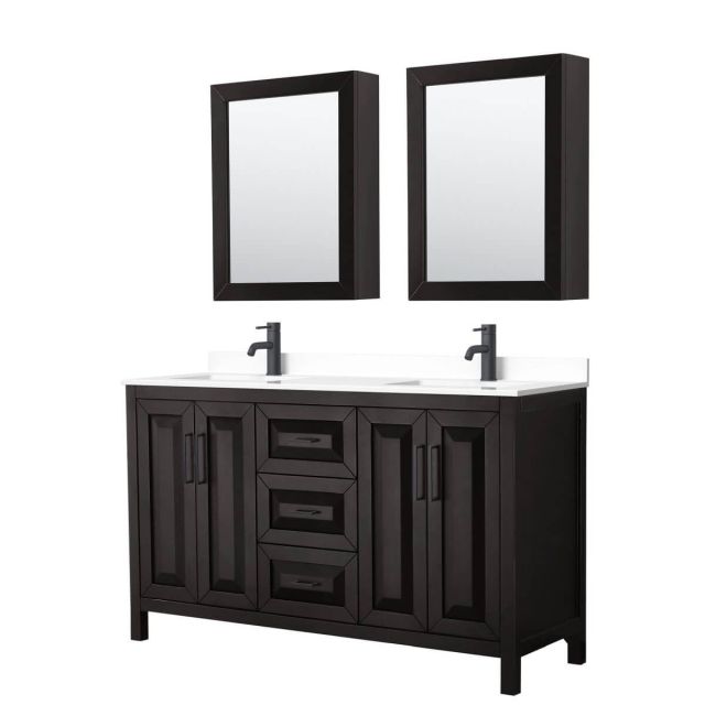 Wyndham Collection Daria 60 inch Double Bathroom Vanity in Dark Espresso with White Cultured Marble Countertop, Undermount Square Sinks, Matte Black Trim and Medicine Cabinets WCV252560DEBWCUNSMED