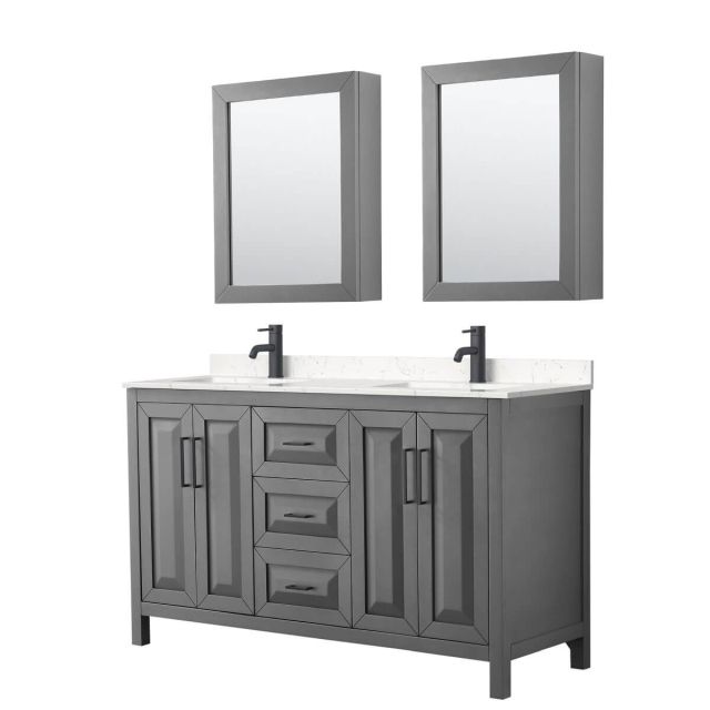 Wyndham Collection Daria 60 inch Double Bathroom Vanity in Dark Gray with Light-Vein Carrara Cultured Marble Countertop, Undermount Square Sinks, Matte Black Trim and Medicine Cabinets WCV252560DGBC2UNSMED