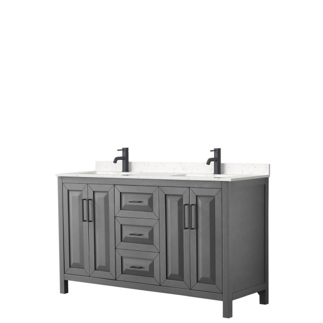 Wyndham Collection Daria 60 inch Double Bathroom Vanity in Dark Gray with Light-Vein Carrara Cultured Marble Countertop, Undermount Square Sinks and Matte Black Trim WCV252560DGBC2UNSMXX