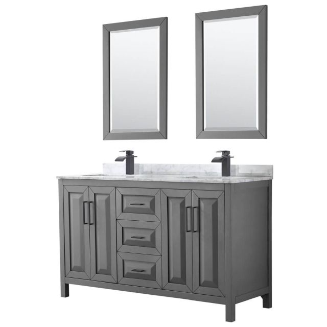 Wyndham Collection Daria 60 inch Double Bathroom Vanity in Dark Gray with White Carrara Marble Countertop, Undermount Square Sinks, Matte Black Trim and 24 Inch Mirrors WCV252560DGBCMUNSM24