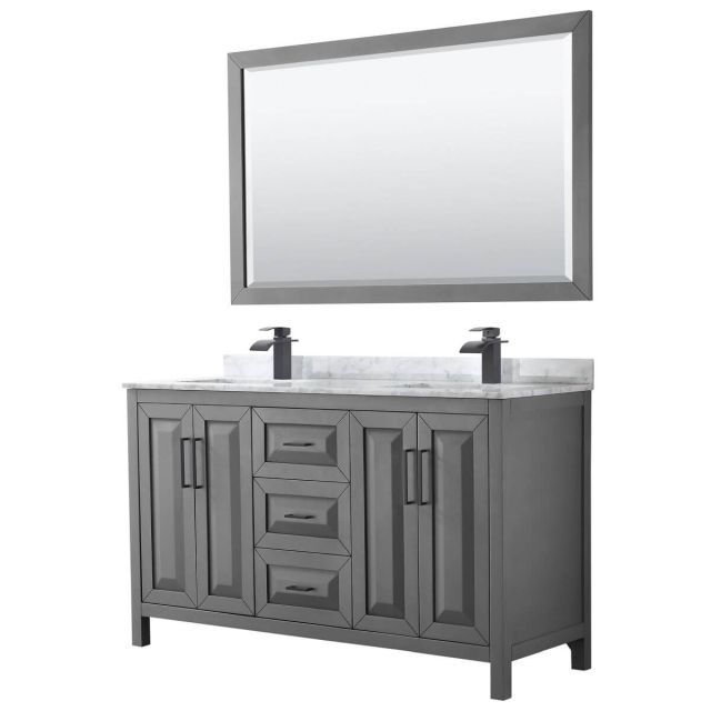 Wyndham Collection Daria 60 inch Double Bathroom Vanity in Dark Gray with White Carrara Marble Countertop, Undermount Square Sinks, Matte Black Trim and 58 Inch Mirror WCV252560DGBCMUNSM58