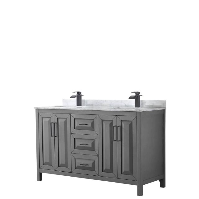Wyndham Collection Daria 60 inch Double Bathroom Vanity in Dark Gray with White Carrara Marble Countertop, Undermount Square Sinks and Matte Black Trim WCV252560DGBCMUNSMXX