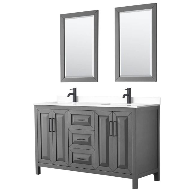 Wyndham Collection Daria 60 inch Double Bathroom Vanity in Dark Gray with White Cultured Marble Countertop, Undermount Square Sinks, Matte Black Trim and 24 Inch Mirrors WCV252560DGBWCUNSM24