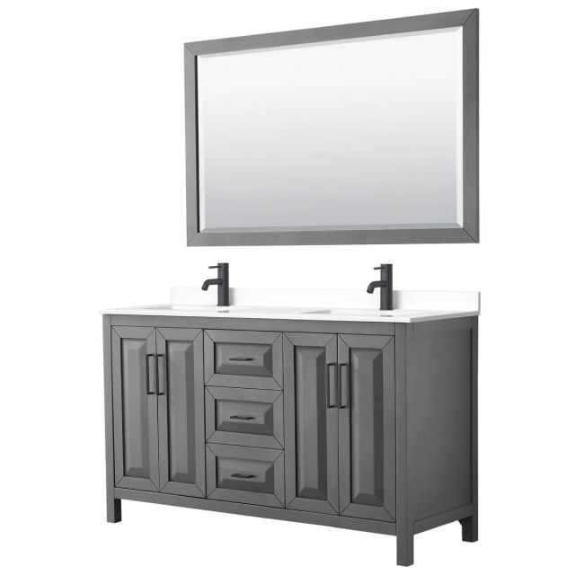 Wyndham Collection Daria 60 inch Double Bathroom Vanity in Dark Gray with White Cultured Marble Countertop, Undermount Square Sinks, Matte Black Trim and 58 Inch Mirror WCV252560DGBWCUNSM58