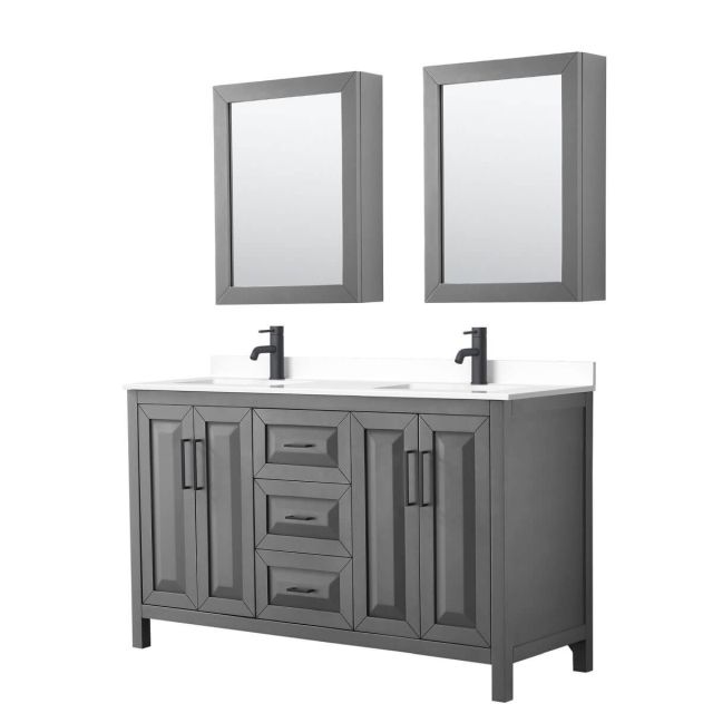 Wyndham Collection Daria 60 inch Double Bathroom Vanity in Dark Gray with White Cultured Marble Countertop, Undermount Square Sinks, Matte Black Trim and Medicine Cabinets WCV252560DGBWCUNSMED